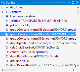 Inspect the classes, methods, and file-scope declarations in the active document with the VA Outline