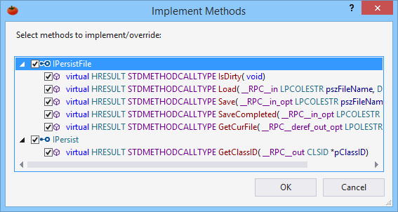 Select the methods to implement in the dialog