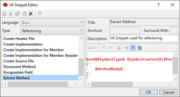 Define the format of refactored code with special VA Snippets