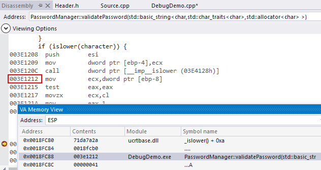 Enter a disassembly view for a memory address from within the VA Memory View