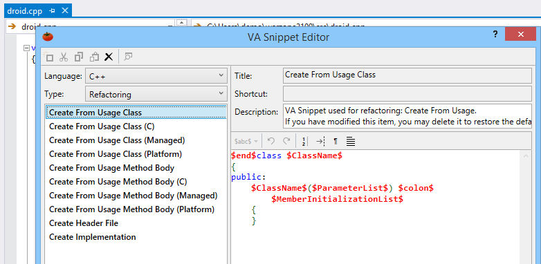 Редактируйте мощные фрагменты Code Snippets в пользовательском редакторе, включая фрагменты кода для форматирования результатов рефакторинга и кодогенерации.