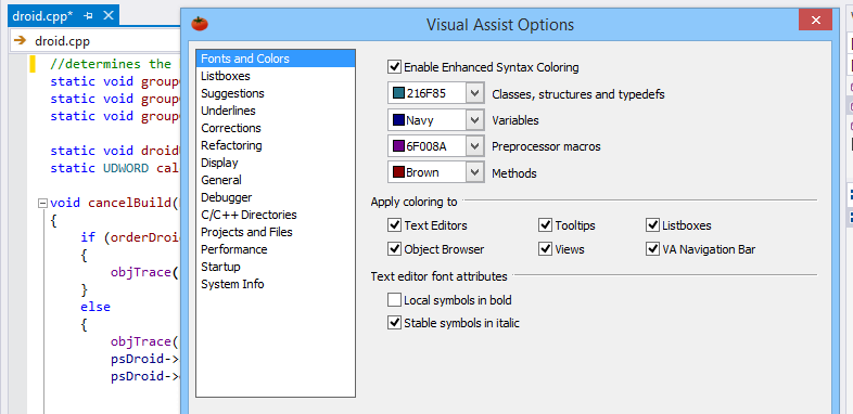 Configura le tue funzionalità preferite in Visual Assist per adattarle al tuo ambiente di programmazione e alle tue abitudini.
