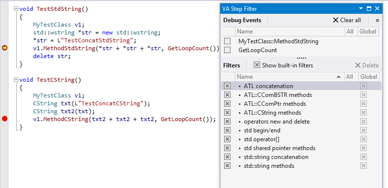 Esegui il debug del C/C++ nativo più velocemente con i filtri che fanno sì che il debugger passi sopra a determinati metodi nelle liste di argomenti