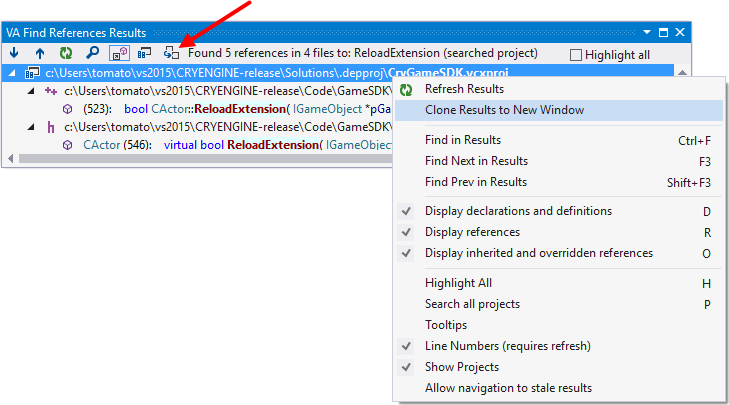 The Find References results window listing every usage of a symbol, grouped by project and file.