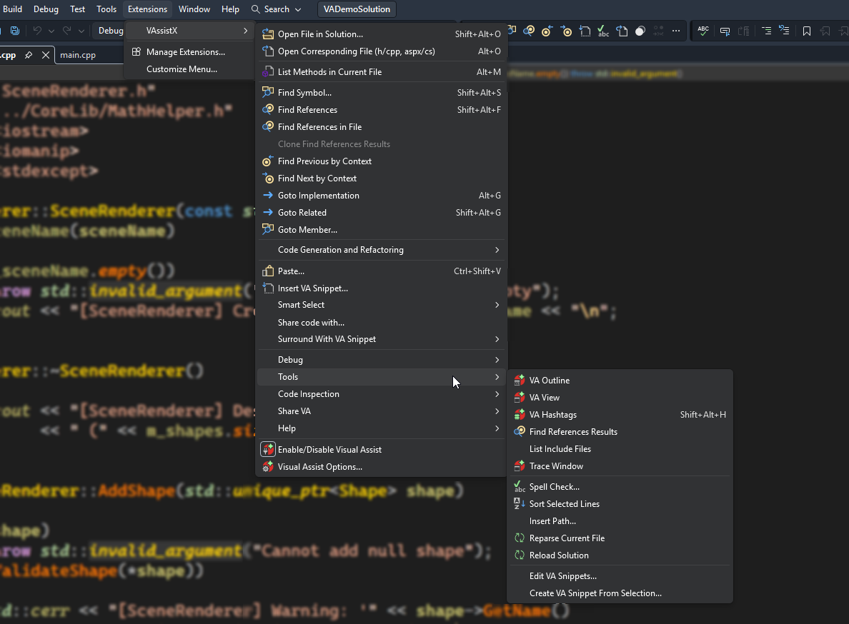 The VAssistX menu visible in the Visual Studio menu bar after installation
