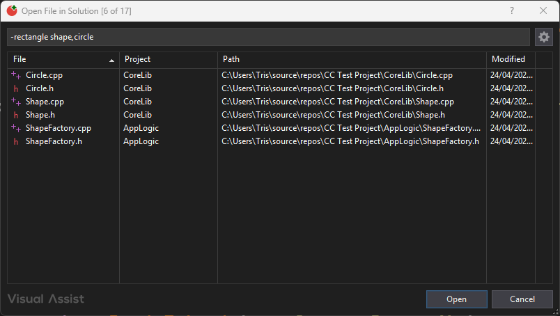 VA navigation overview showing the Open File dialog with fuzzy search results