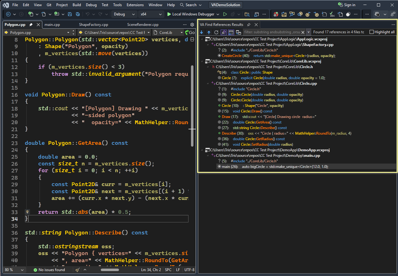 Find References results window grouped by project and file, with read and write references distinguished