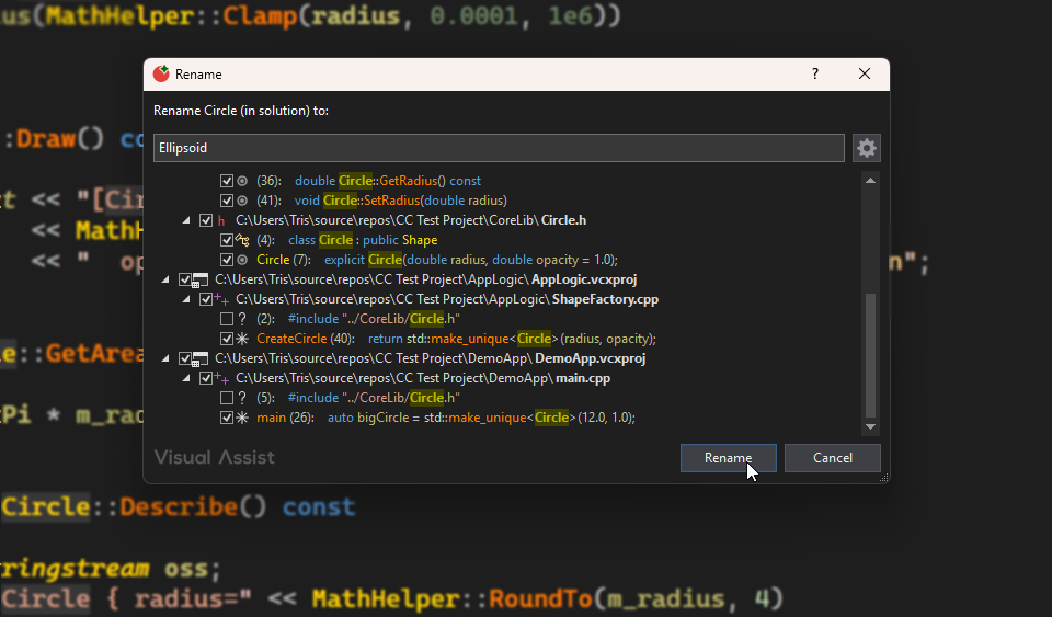 VA Rename dialog showing the new name field with scope selector for project or solution