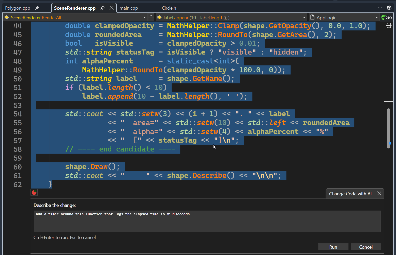 VA Intelligence Change Code: selecting a block, describing the change in plain language, and reviewing the diff before applying